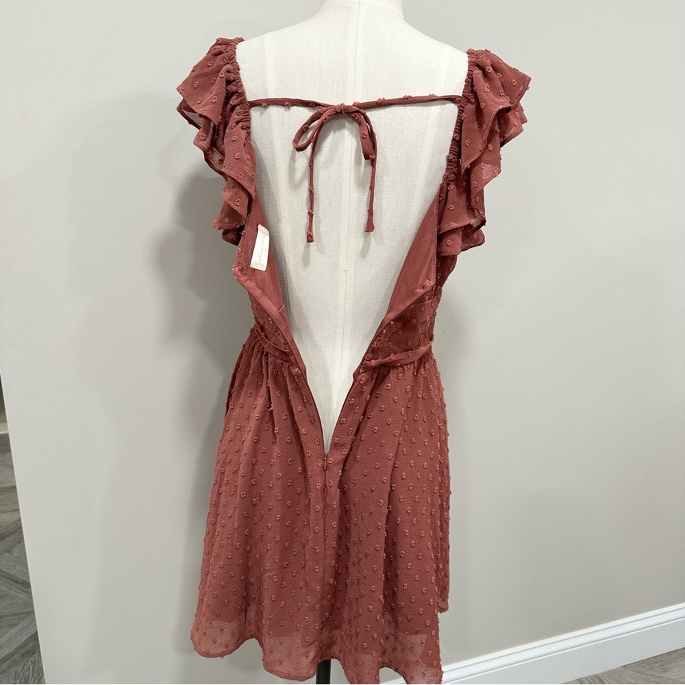ALTAR’D STATE Swiss Dot Flutter Sleeve Mini Dress Dark Rose Color Size Medium - Picture 5 of 11